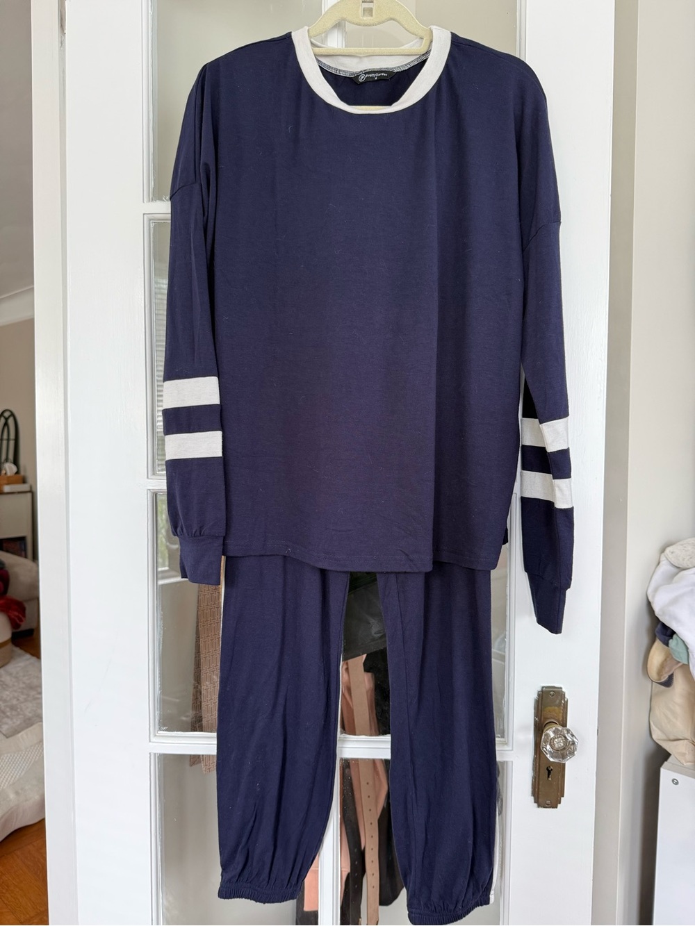 Women's Navy Track Joggers Set with White Stripe Details